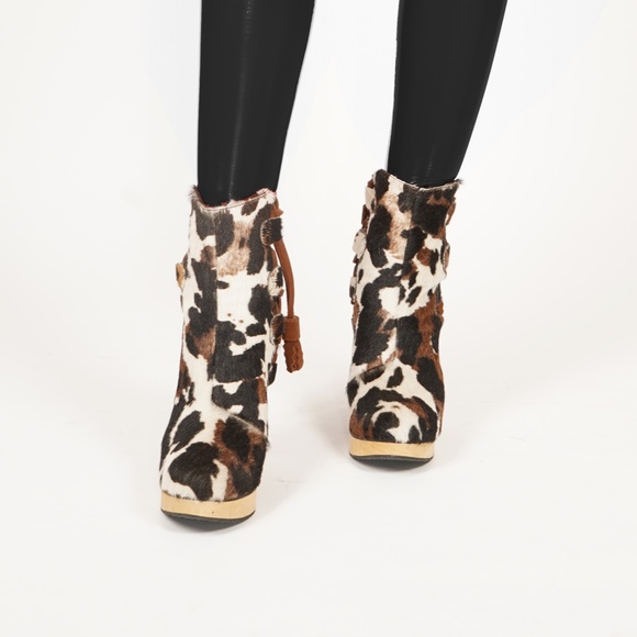 B-Store Leather Calfskin Pony Hair Platform Booties Cowboy Boots size 9 - Picture 1 of 12